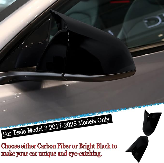 Side Mirror Cover,for Tesla Model 3 2017-2025，2PCS Horned Turn Signal housing Cover Sets car Accessories -Bright Black