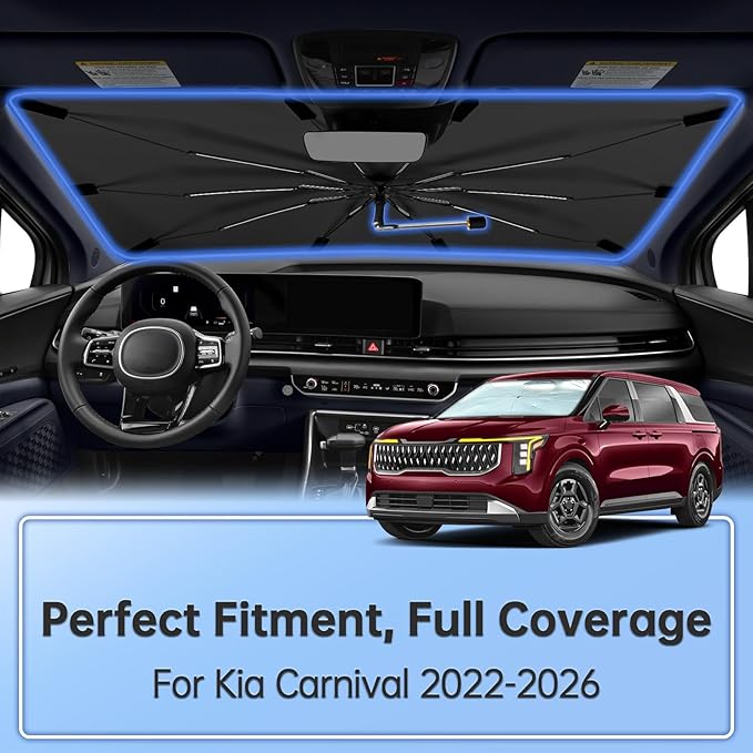 Windshield Sun Shade Umbrella for KIA Carnival 2022-2026, Foldable Sunshade for Car Front Window, 360 Rotation Automotive Interior UV Protection for Outdoor Parking, Keep Car Cool