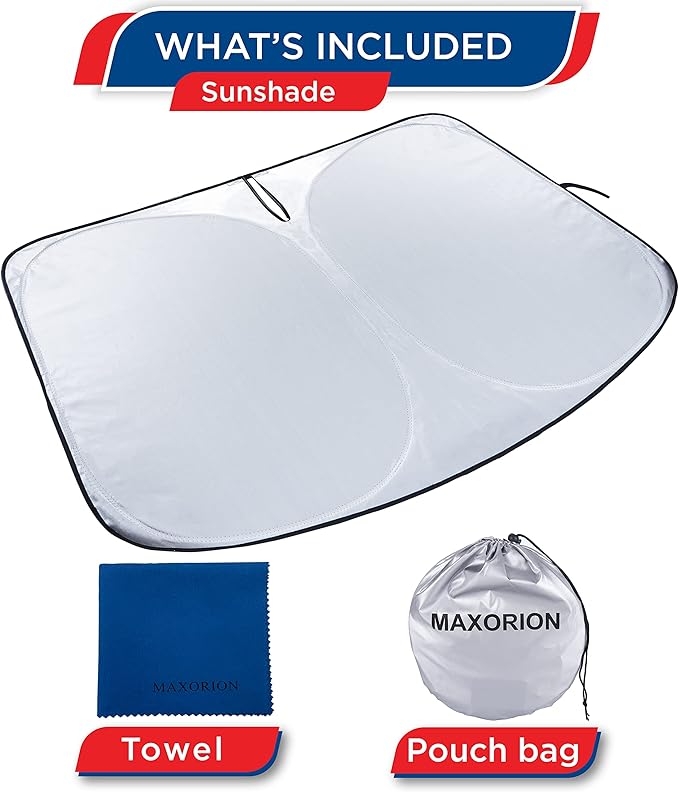 MAXORION Tesla Model 3 & Y Sunshade Windshield- Made from Genuine 2-Layer Material. in Addition to The Tesla Model 3 and Y Windshield Sun Shade, a Cleaning Cloth is Also Included in The Package.