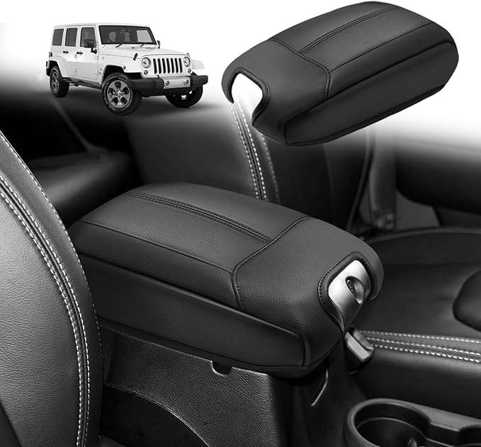 Muslogy Center Console Armrest Cover Fit for Jeep Wrangler JK JKU 2011-2017 Accessories, Comfort Armrest Pad Console Lid Cushion Vegan Leather Regular Thick