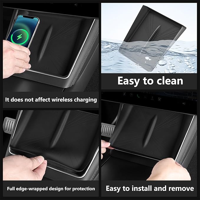 4PCS Center Console Wireless Charger Mat Silicone for 2025 Tesla New Model Y Juniper Cup Holder Insert, Screen Edge Protector Frame, Rear View Mirror Cover Decoration Accessories(Black)