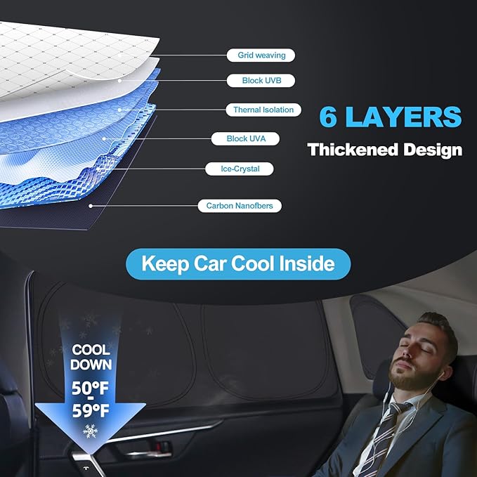 XCBYT 2019-2024 Wrangler Full Coverage Window Shades | 6-Layer Blackout Insulated Sun & UV Protection | Custom Fit Privacy Covers for Camping, Sleeping & Car Living (8 PCS)