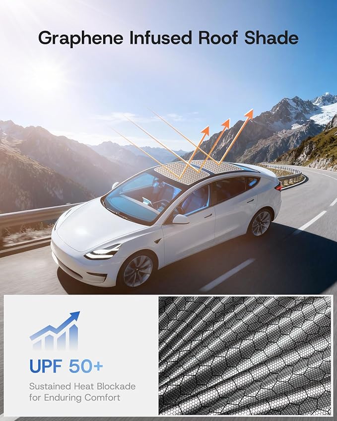 Sunshade Roof for Tesla Model 3 2023 2022 2021, [Graphene Infused Fabric & UPF 50+ & No-Sagging] OEM-fit Precision Heat Insulation Glass Roof Sun Shade for Tesla Model 3 Accessories, Gray, 2PCS