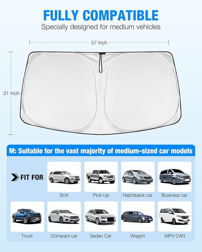 NEVERLAND Heat & UV Protection Sun Shade - Universal Car Windshield Cover, 210D Oxford Fabric Folding Sunshade (57.09" x 31.1") for Car Interior Protection