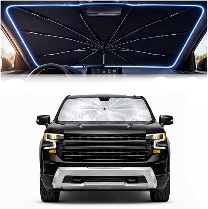 Car Windshield Sun Shade Umbrella - Custom-Fit for Che v-rol-et Silverado 1500 2019-2026 Umbrella Sunshade,Easy Install,UV Protection & Heat Reflective,Keep Interior Cooler with Storage Bag