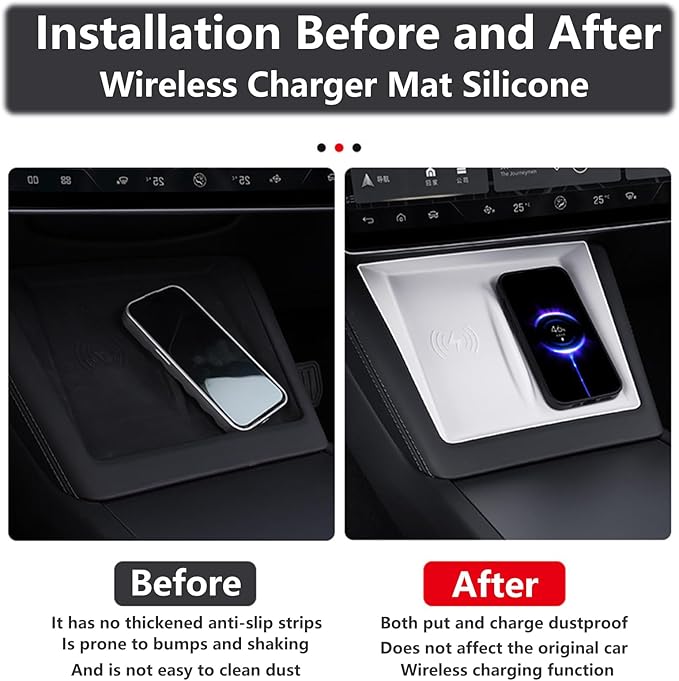 4PCS Center Console Wireless Charger Mat Silicone for 2025 2024 Tesla New Model 3 Highlan Cup Holder Insert, Screen Edge Protector Frame, Rear View Mirror Cover Decoration Accessories(White)