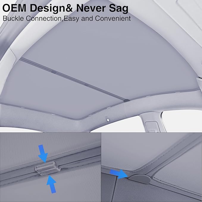 Tesla Model Y Sunshade Roof Nano Ice-Crystal Coatings Blocks of UV Buckle Fixing No-Sag No Gaps Portable Foldable Sunshade for Model Y 2020-2024 Gray Sunshade