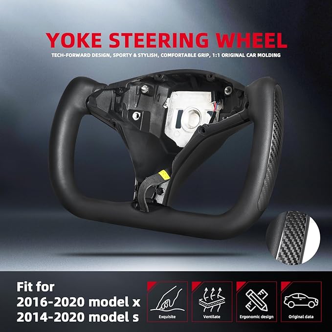 Yoke Steering Wheel, Black Microfiber Smooth Leather with Side Glossy Carbon Fiber for Tesla Model X 2016-2020,For Tesla Model S 2014-2020 With Heating Function