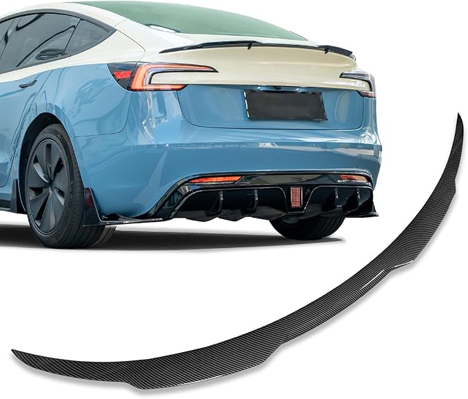 Rear Spoiler for Tesla Model 3 2024 2025 Trunk Spoiler Wing Tail Rear Trunk Lid for Tesla Model 3 Highland,Highkick Carbon Fiber Look-Dark Knight Style