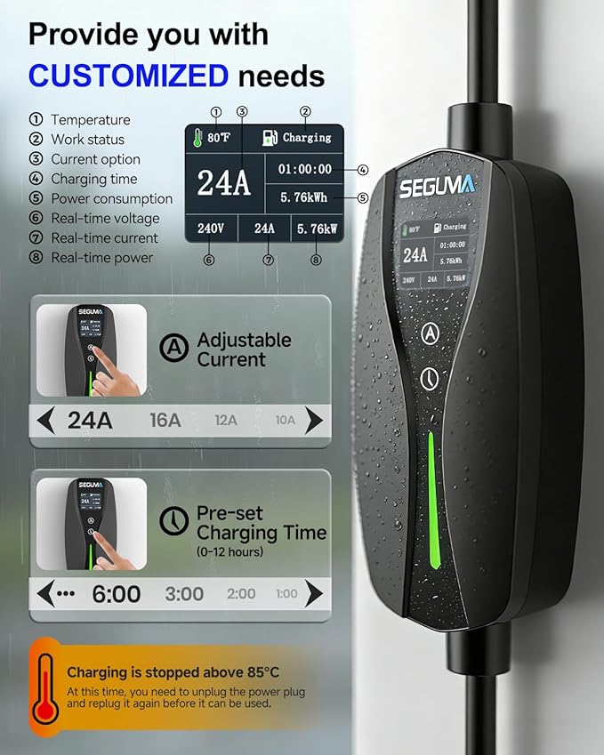 SEGUMA Level 1/2 Tesla Charger (10A-24A), 240V NEMA 14-30 Dryer Outlet Plug & 120V NEMA 5-15 Adapter, 25ft Cable, Portable Home Mobile Electric Car Charging Station NACS for Model Y/S/3/X/Cybertruck