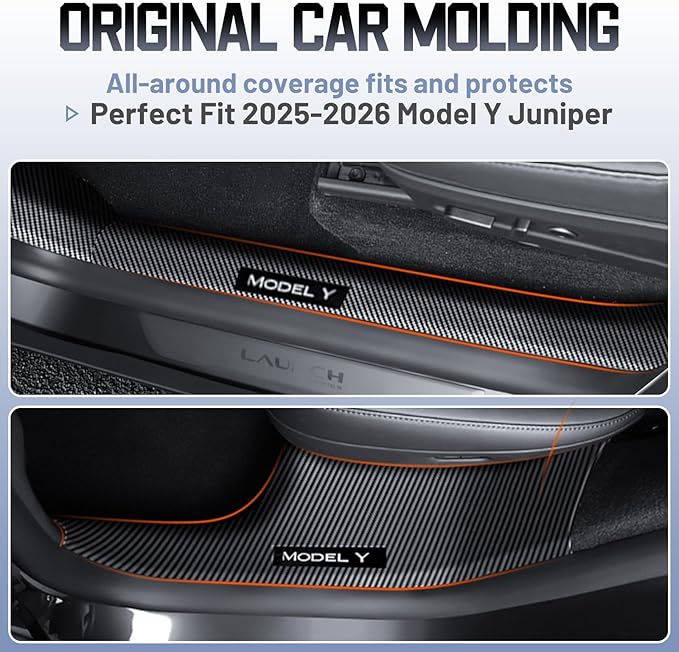 Carbon Fiber Door Sill Protector for Tesla Model Y Juniper 2025-2026 - Front & Rear Entry Guard Scuff Plate Set, 8PCS All-Weather ABS Interior Accessories