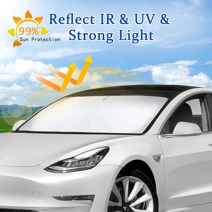 for Tesla Model 3 Model Y Windshield Sunshade, Upgraded 240T Windshield Sun Shade Superior UV & Heat Protection, Model 3 Model Y Front Window Sunshade for Winshield, Tesla Interior Accessories