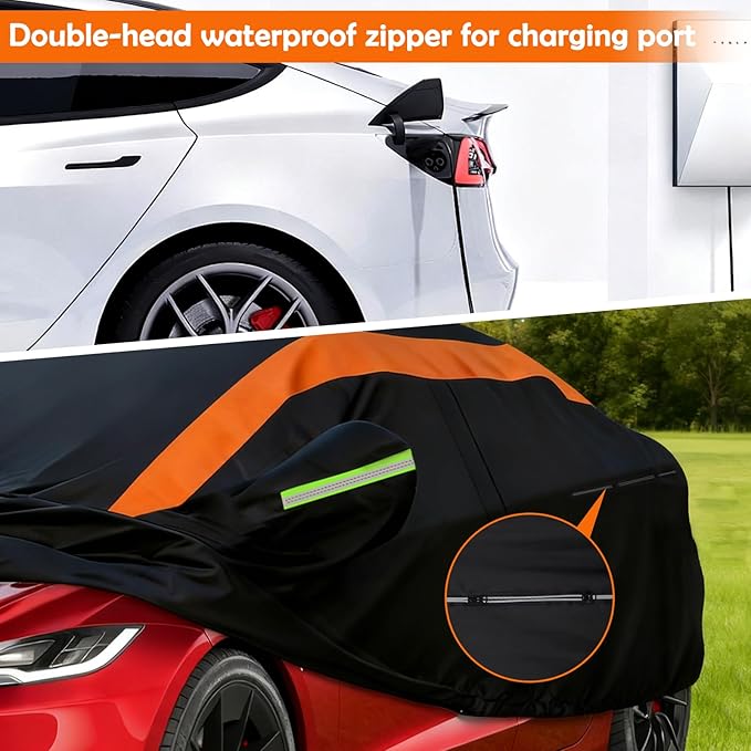 Car Cover for Tesla Model 3 2017-2026, Multi-Layer Automobiles Covers Waterproof All Weather with Zipper Door, Sun Rain Snow Dust Protection
