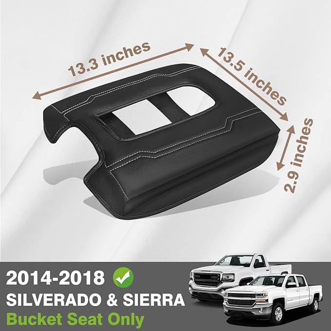 Muslogy Center Console Armrest Cover Fit for Chevy Silverado & GMC Sierra 1500 2500 3500 2014-2018 Accessories, Comfort Armrest Pad Console Lid Cushion Vegan Leather 1-Inch Extra Thick(Bucket Seat)