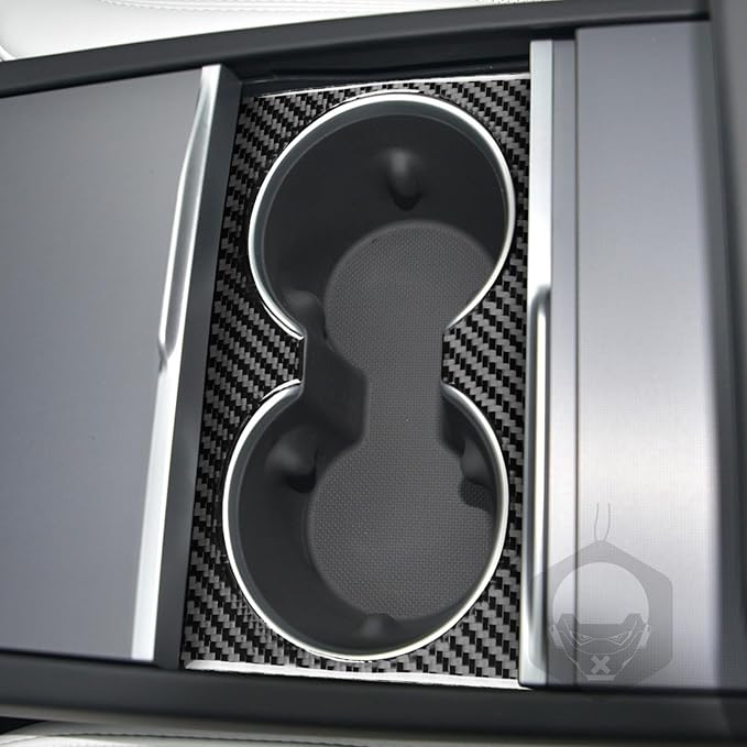 Center Console Water Cup Holder Panel Cover Carbon Fiber Sticker Car Interior Trim Compatible with Tesla Model 3 Accessories 2024 2025 Central Control Panel Frame Decorative Sticker