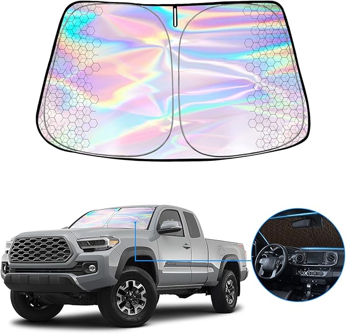Iridescent Windshield Sun Shade Custom Fit Toyota Tacoma 2016-2024 2025, Upgrade 5 Layers 480T Laser Titanium Silver Window Car Sunshade, Rhombus Lattice Shades for Front Window, Block UV Rays Heat