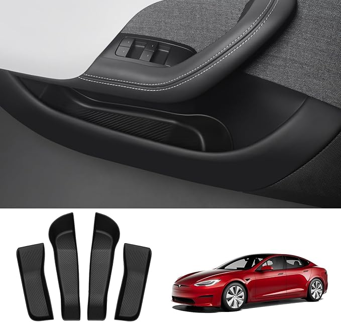 BASENOR 2021-2026 Tesla Model S Door Side Storage Box, Door Organizer Tray (Proprietary Design) Front Rear Slot Pockets, Protector Liner for Model S/S Plaid Accessories Set of 4