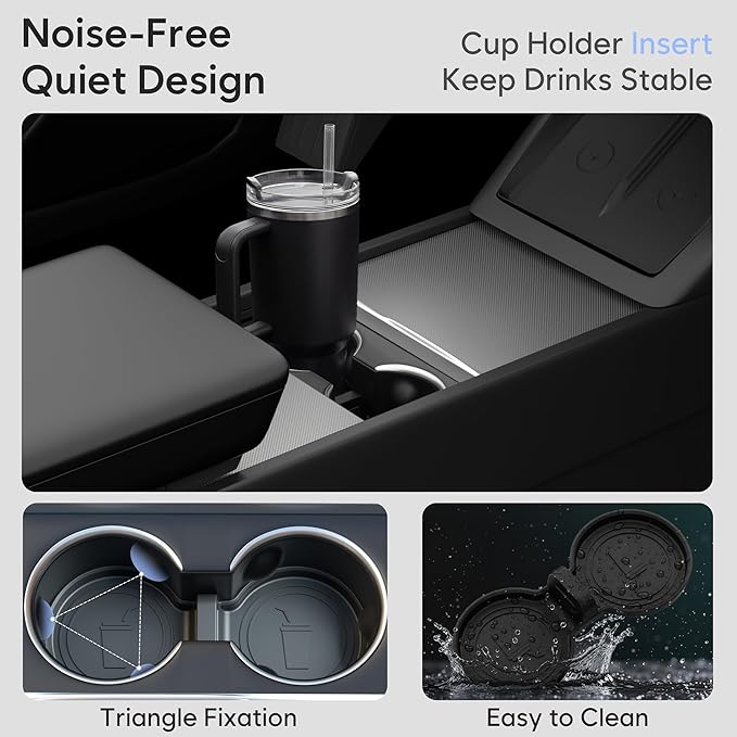 Farmogo Center Console Organizer Tray for Tesla Model Y Juniper (Only Premium & Performance 2025-2026) & Model 3 Highland (2024-2026) Accessories [Premium PC + Silent Silicone Liner] 4pcs Black