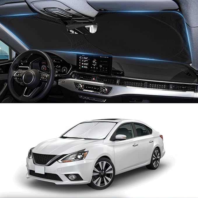 Custom Fit Sentra Windshield Sunshade for Nissan Sentra S, SV, SR, Sedan Accessories 2014-2019 Front Window Car Sun Shades Shield Cover for Windshield Foldable Sun Visor Protector Blocks UV Rays