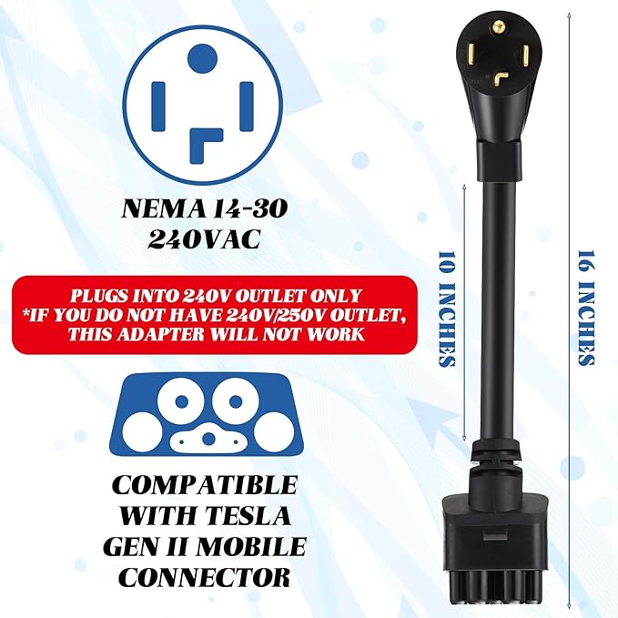 Relaxweex 16" Adapter Compatible with Tesla Gen 2 Mobile Portable Charger Connect Mobile Charger to Handle(not Compatible with Pre-2018 Model S/x Vehicles)(14-30p)