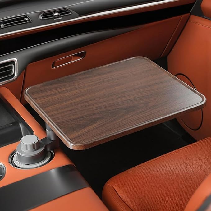 Wood Car Desk for Laptop, 360° Rotating Wood Cup Holder Table Tray for Drivers and Passengers, Car Accessories Compatible with Tesla Model Y/3/S, Ford F150/Explorer/Maverick & Most Vehicles