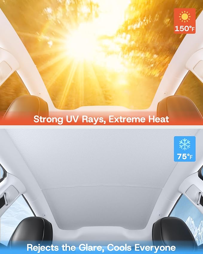 Upgraded Sunshade Roof for Tesla Model Y Juniper Accessories 2025 2026, [Graphene Infused Fabric& UPF 50+ & No-Sag] Heat Insulation Class Roof Sun Shade for Tesla Model Y Accessories, Gray, 2PCS