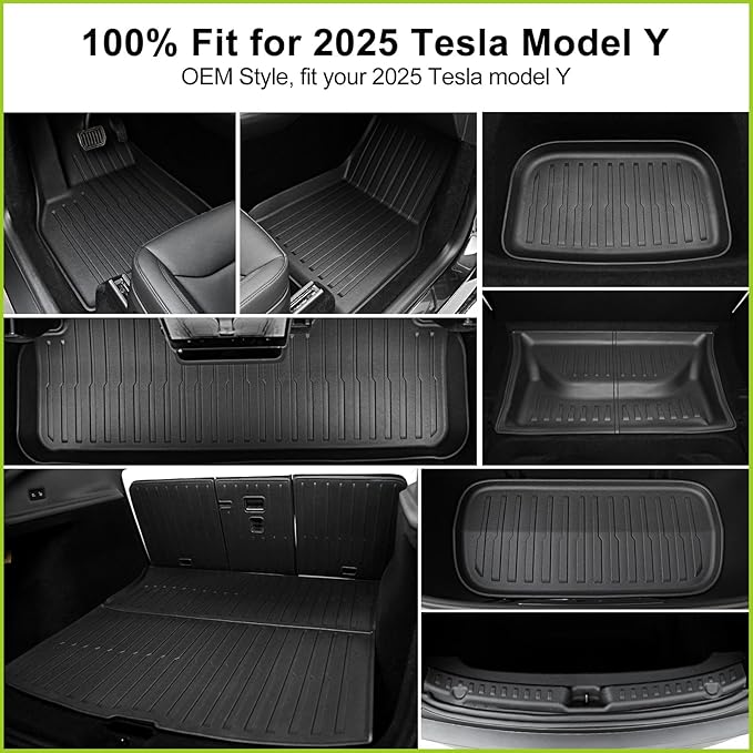 Floor Mats for 2025 2026 Tesla Model Y Juniper, 8PCS All Weather Full Set Cargo Liners Accessories, 3D TPE Odorless Floor Mat Trunk Frunk Rear Mats for 5-Seater(Not Fit 7Seat and Standard)