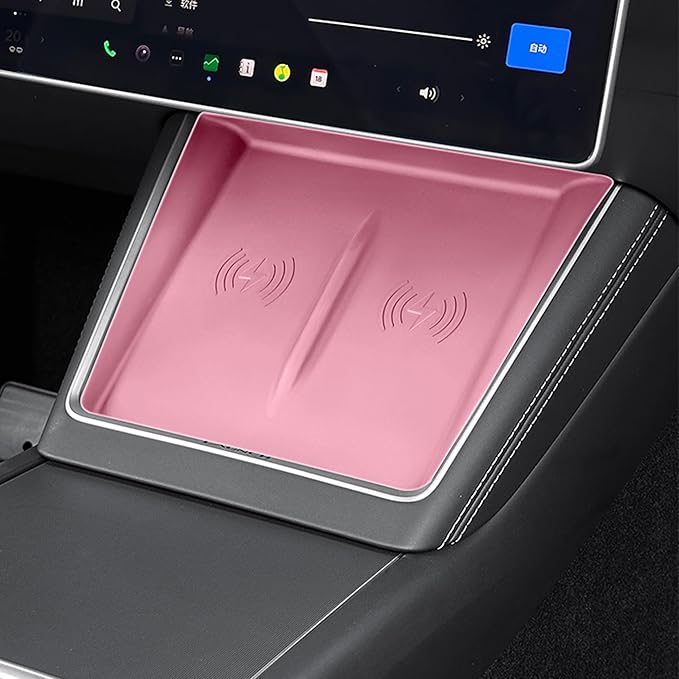 3PCS Center Console Accessories for Tesla New Model Y Juniper 2026 2025 Model 3 Highland 2024 Cup Holder Insert, Screen Edge Protector Frame, Wireless Charger Mat Silicone, Pink