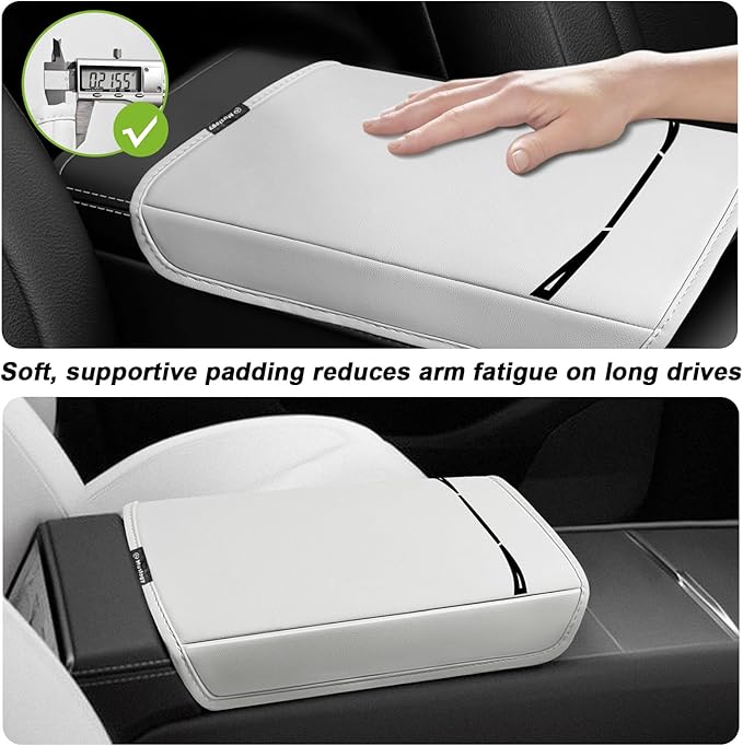 Muslogy Center Console Armrest Cover Fit for Tesla Model Y Refresh 2026 Accessories, Comfort Armrest Pad Console Lid Cushion Vegan Leather Regular Thick (Cream)
