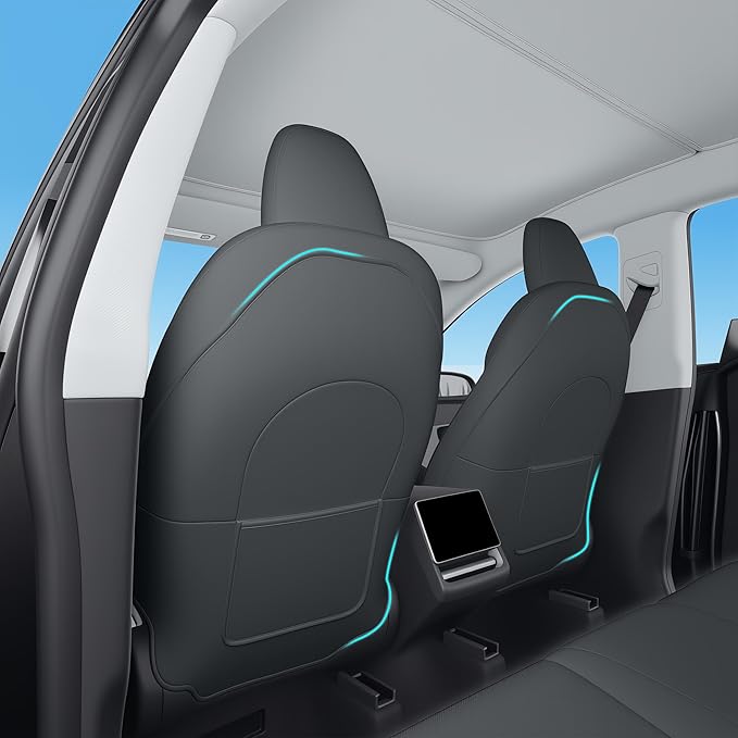 Seat Back Kick Protector for Tesla Model Y Model 3 Model S Model X Leather Backseat Mats for Kids Wear-Resistant Back Seat Cover with Extra Organizer Pocket 2 PCS -Black
