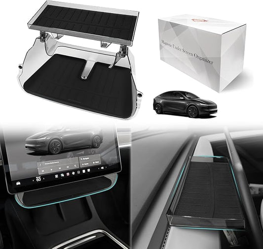 BestEvMod Under Screen Storage Compatible with New 2026 2025 Tesla Model Y Juniper Accessories Magnet Install No Tape Needed Behind/Lower Screen Dashboard Organizer Tissue Holder (Black)