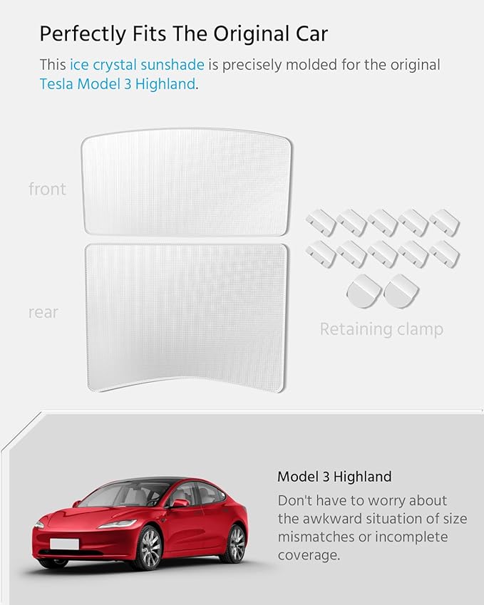 Farmogo Sunshade Roof for Tesla Model 3 Highland Accessories 2024-2026 [UPF 50+ &No-Gaps & No Sagging] Thermal Insulation Ice-Crystal Roof Shade for Tesla Model 3 Accessories (2 of Set) (Gray)