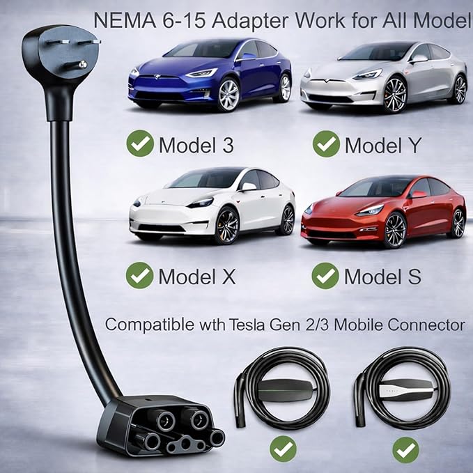 for Tesla NEMA 6-15 Adapter, Tesla Mobile Charger Adapter for Gen 2 and 3 ONLY, 240V Plug & 6-15 Outlet at 12 Amp 10-Inch