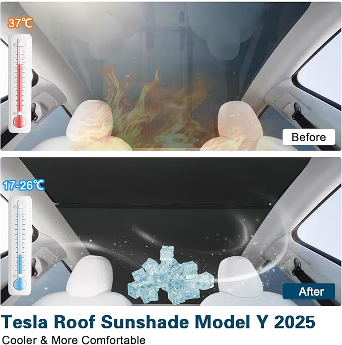 [2025 Upgrade] Sunshade Roof for Tesla New Model Y 2025 Juniper Colorful Ice Crystal Glass Sun Shade No-Sag Design Retractable Sunshade Heat Insulation Roof Window Sun Protection Foldable(Black)