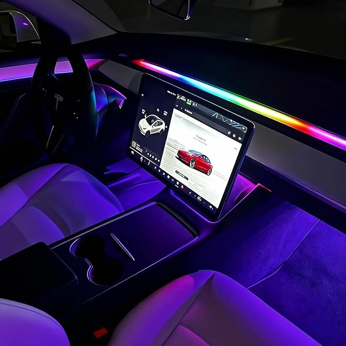 Interior Car LED Strip Lights for Tesla Model 3 Y 2021-2023, 16 Million Colors Ambient Lighting Kit with APP Control, Music Sync Color Change Neon Lights for Dashboard & Center Console