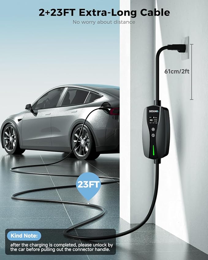 SEGUMA Level 1 & 2 Tesla Portable Charger, Adjustable 6A-16A, 120V-240V Dual Voltage EV Charger with NEMA 5-15 Plug & 6-20 Adapter, 25ft Extension Cable, NACS Charger with Native SAE J3400 (NACS) Port
