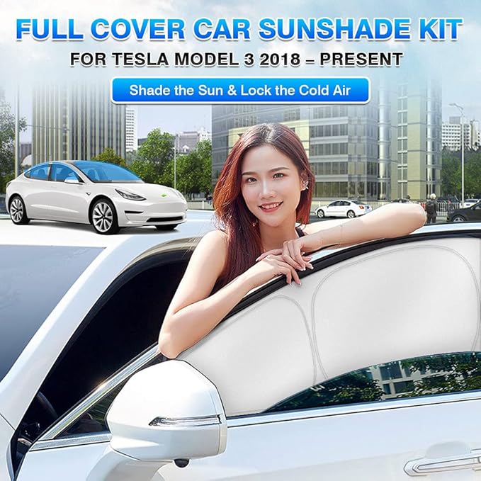 T TGBROS Windshield Sun Shade for Tesla Model 3 2018-2024 2025 Car Window Shades Thicken UV Block and Blackout Privacy Foldable Sunshades 7PCS Keep Cool Sun Visor Covers