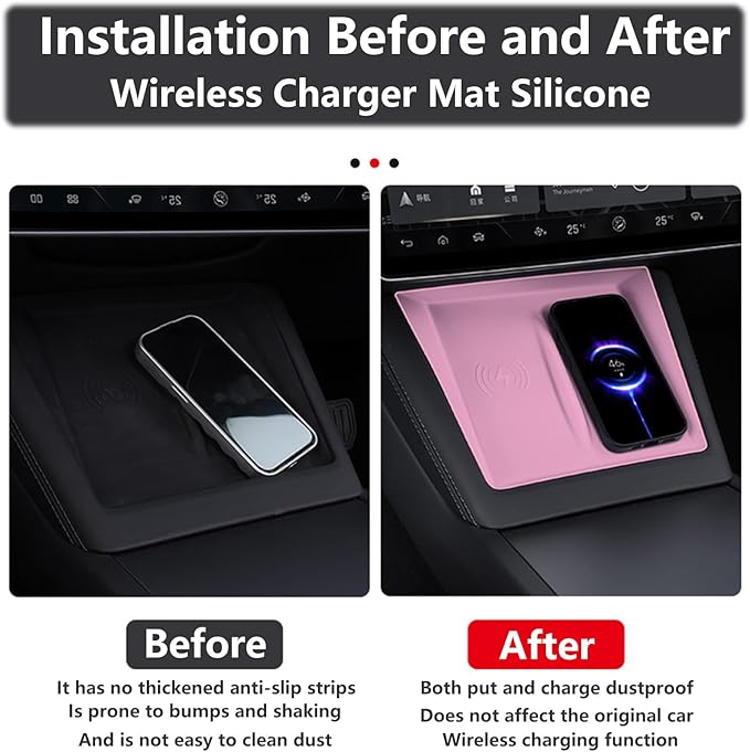 4PCS Center Console Wireless Charger Mat Silicone for 2025 2024 Tesla New Model 3 Highlan Cup Holder Insert, Screen Edge Protector Frame, Rear View Mirror Cover Decoration Accessories(Pink)