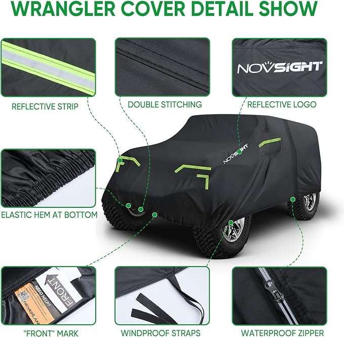 NOVSIGHT Car Cover for Jeep Wrangler 4 Door - Waterproof All Weather Outdoor Cover (2007–2025 JKU JL), Windproof with Straps, 210D Oxford Fabric, Reflective Strips
