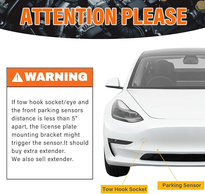 License Plate Holder Front Bracket No Drill Tow Hook Mount Anti-Theft License Plate Frame Compatible with 2017-2023 Tesla Model 3