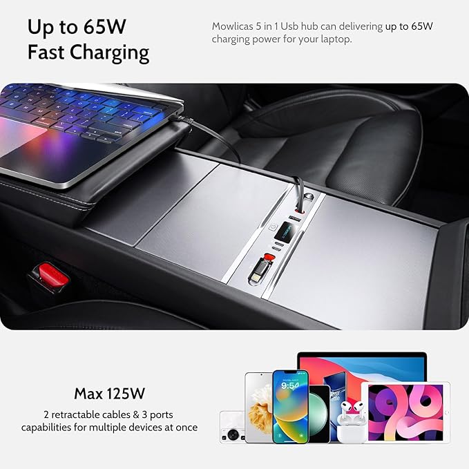 125W Max Retractable USB Hub, Tesla New Model Y Juniper (2026/2025) Accessories, Super Fast Charger Up 65W for MacBook Pro/Air/iPhone 16/15/Samsung Series, 5 in 1 Docking Station