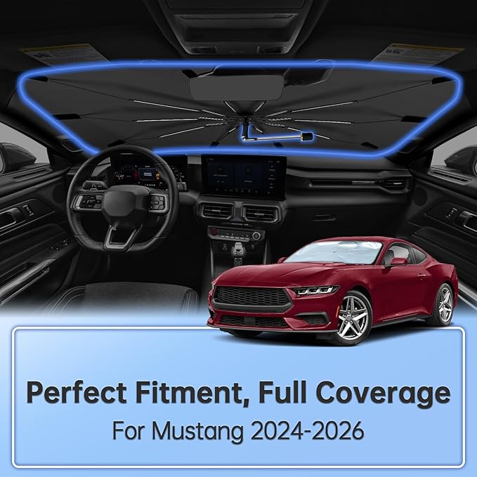 Windshield Sun Shade Umbrella for Ford Mustang 2024-2026, Foldable Sunshade for Car Front Window, 360 Rotation Automotive Interior UV Protection for Outdoor Parking, Keep Car Cool