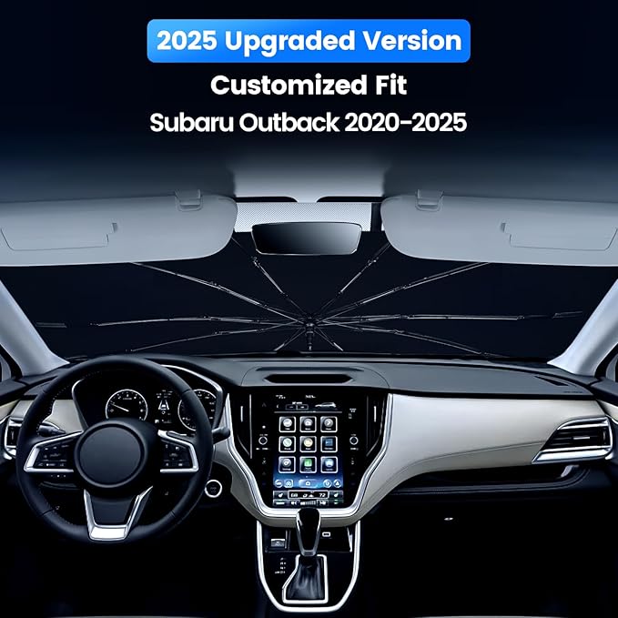 Windshield Sun Shade Umbrella for Subaru Outback 2020-2025,Heat Blocking Keep Car Cool,UV Protection Windshield Sunshade, Emergency Rain Shield&Dashboard Protector-Thickened ICY Silver