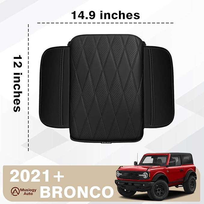 Muslogy Center Console Armrest Cover Fit for Ford Bronco 2021 2022 2023 2024 2025 2026 Accessories, Comfort Armrest Pad Console Lid Cushion Vegan Leather 1-Inch Extra Thick (V2 Diamond Pattern)