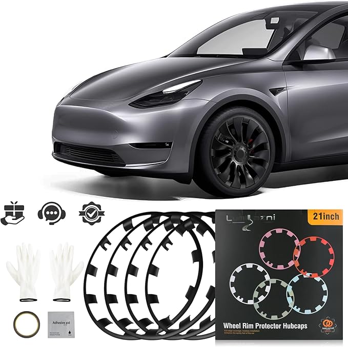 Wheel Rim Protect for Tesla Model Y 21" (2020-2024), Easy-Install Hubcaps Wheel Cover, Scratch-Resistant Car Tire Trim Rings, Stylish Design for Induction Wheels, Matte Black 4Pcs Model Y Accessories