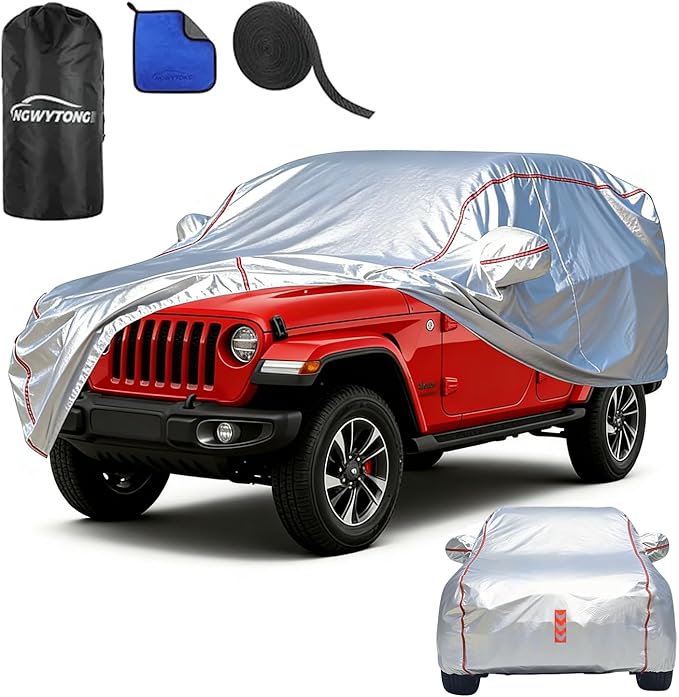 Car Cover Waterproof All Weather for Jeep Wrangler 4-Door 2006-2025,All-Around Fastening and 4 Upgrades, 60s Quick-Install for Car Cover