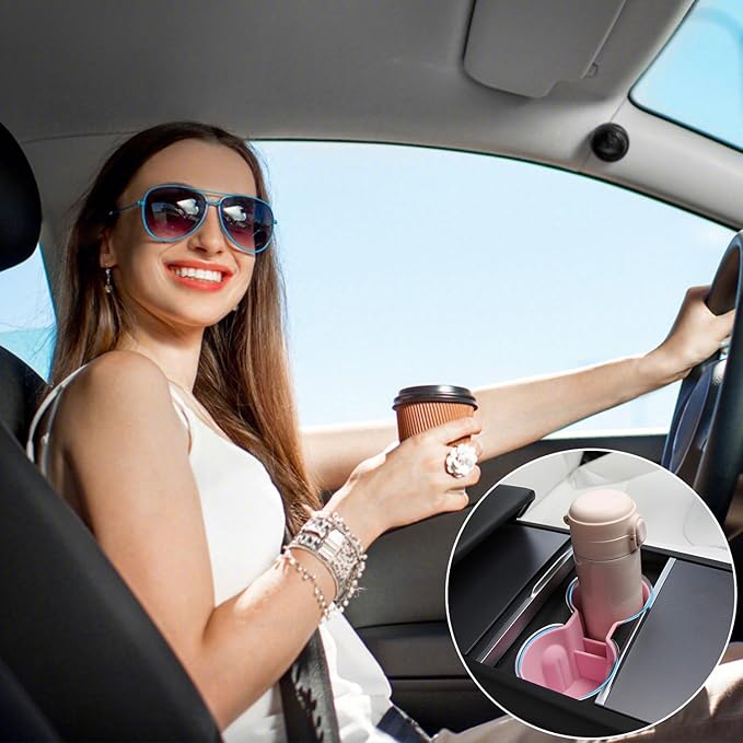 3PCS Center Console Accessories for Tesla New Model Y Juniper 2026 2025 Model 3 Highland 2024 Cup Holder Insert, Screen Edge Protector Frame, Wireless Charger Mat Silicone, Pink