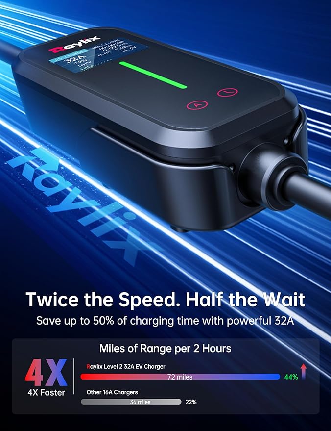 Raylix 32A Level 2 EV Charger, 240V 7.68kW Mobile Electric Car Charger with 21ft Cable [Adjustable Current & Delay Charging] Portable EV Chargers for All SAE J1772, NEMA 14-50 Plug 4 Prong Plug