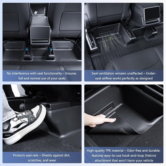 Front Seat Rail Protectors for Tesla Model Y Juniper 2025-2026, 5-Piece TPE Track Cover Guards, Under Seat Floor Mat Protectors, Black