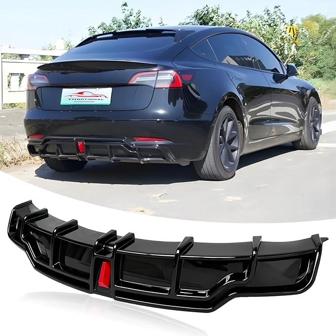 for 2017-2023 Tesla Model 3 Rear Diffuser w/LED Brake Light, Model 3 Rear Bumper Lip, Tesla Model 3 Diffuser Valance Panel Accessories (Gloss Black)